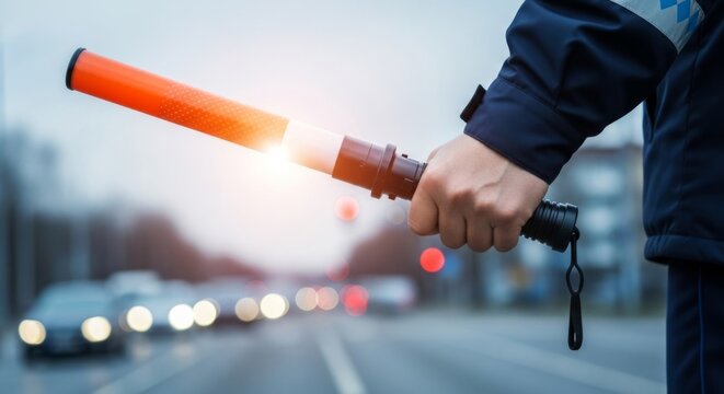Police officer directing traffic with illuminated baton at busy intersection, focusing on public safety and order