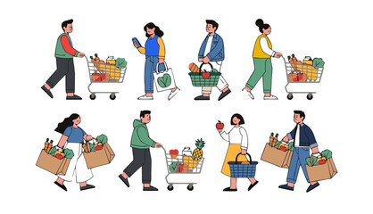 Fototapeta premium Diverse people with grocery carts and bags shopping for food during the day