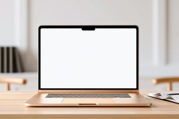 Fototapeta premium Gold laptop with blank white screen centered on wooden desk in bright minimalist workspace