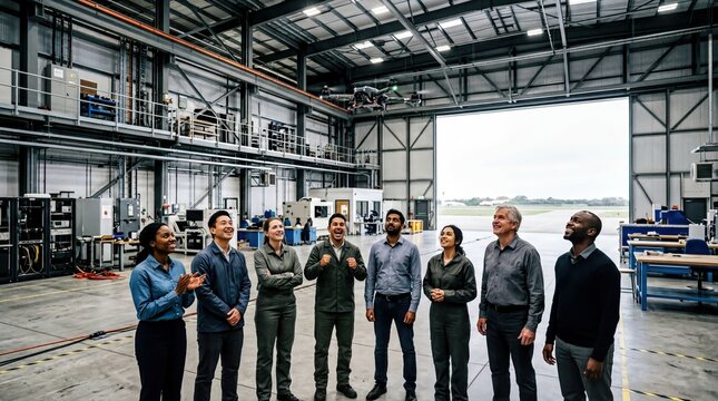 engineering innovation, a diverse group of engineers celebrates a successful drone test flight in a high-tech hangar