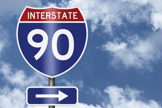 American Interstate I90 sign with sky for transportation