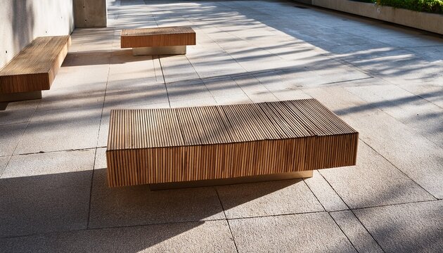 minimalist outdoor seating featuring modern sustainable design blending natural wooden slats with textured concrete blocks illuminated by sunlight casting graphic shadows