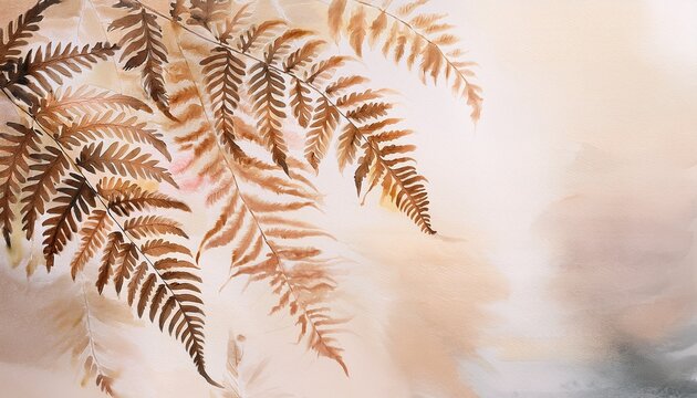 delicate watercolor painting showcases detailed fern fronds in varying shades of brown against a softly diffused neutral background highlighting the intricate textures and natural beauty with subtle