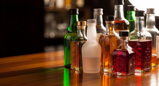 Assortment of Miniature Alcohol Bottles on Polished Wood Bar, Ideal for Bar Menus or Drink Promotions