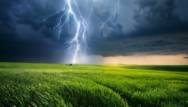 lightning striking over windswept green field during storm
