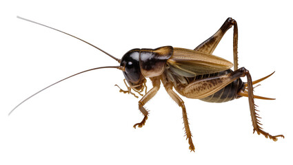 Isolated brown cricket insect with long antennae and powerful legs captured in detailed side view © Cian