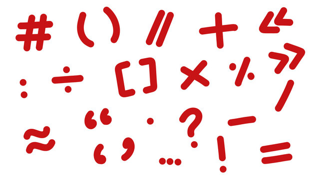 Red hand-drawn punctuation marks, mathematical symbols, and special characters set, ideal for informal educational design, graphic elements, or digital communication. Transparent.