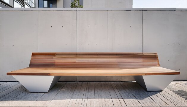 modern outdoor bench featuring a minimalist architectural design combining a clean light concrete frame with warm wooden slats providing urban seating in a contemporary public space