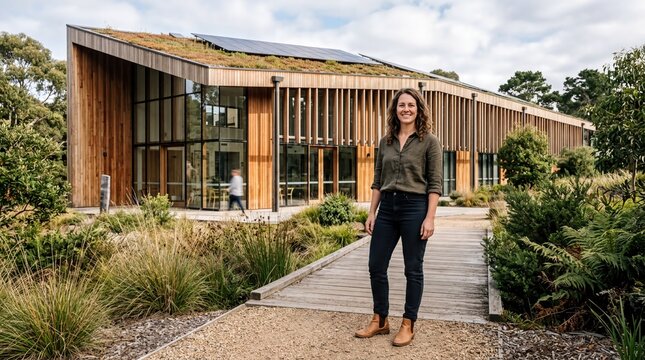 sustainable architecture, a woman exudes confidence in front of a modern wooden sustainable building