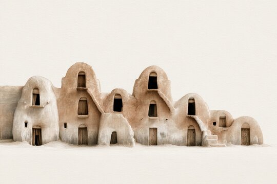 Ancient adobe clay structures sequence, minimalist background, rustic architectural concept