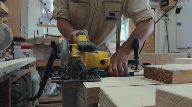 Focused professional joiner squaring hardwood lumber end grain using manual circular saw and guide at busy workshop floor cinematic push in on hands shaping physical labor