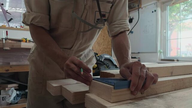 Focused tradesman drafting dimension lines with triangular scale ruler and pencil on timber board in rustic home studio authentic craftsmanship documentary b-roll