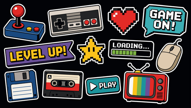 Colorful retro gaming stickers and icons for enthusiasts