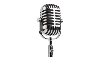 Isolated vintage chrome microphone for sound recording and radio broadcast equipment. © Ioana