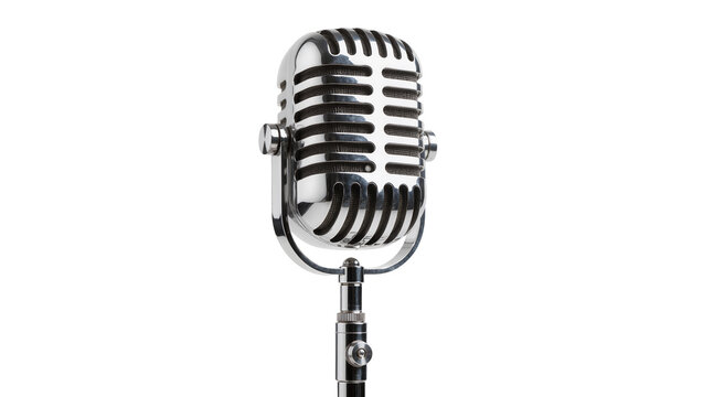 Isolated vintage chrome microphone for sound recording and radio broadcast equipment.