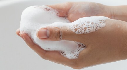 Fototapeta premium Woman washes hands with soap foam and water bubbles. Close up of clean hands, hygiene concept for health and germ prevention. Washing process for a pure, safe body.