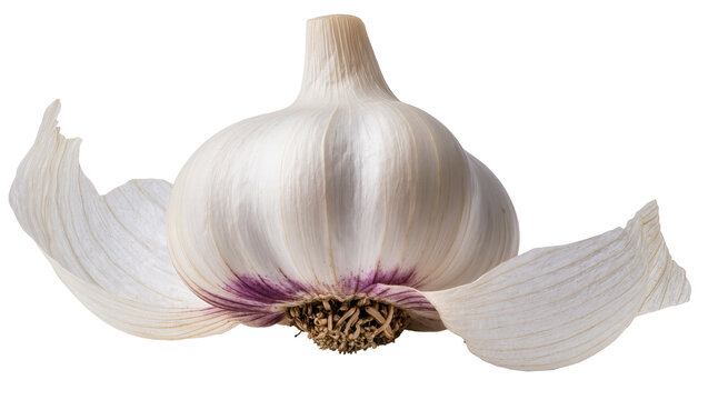 Isolated fresh organic garlic bulb with loose papery skin pieces, ready for cooking