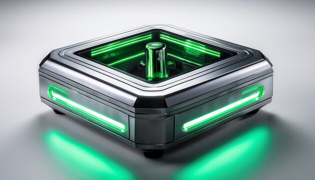 futuristic digital raffle box with brushed aluminum and neon green lights on white background