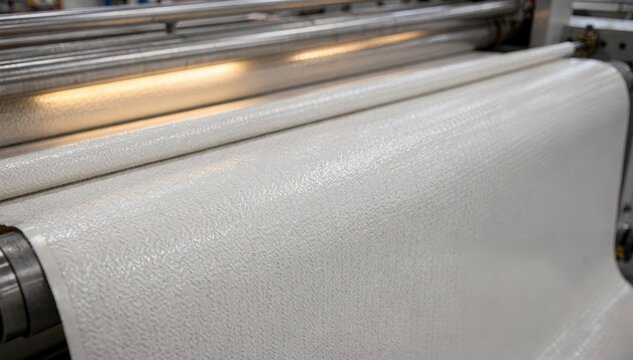 Medium shot of textured PVC sheets produced by heated rollers showcasing the tactile finish and uniform consistency of the material in the manufacturing process.