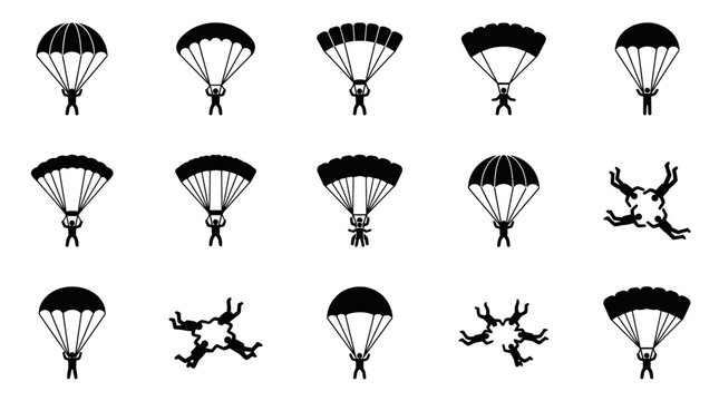Collection of Parachuting and Skydiving Silhouettes Featuring Paratroopers and Formation Skydivers in Various Flight Positions and Airborne Manoeuvres