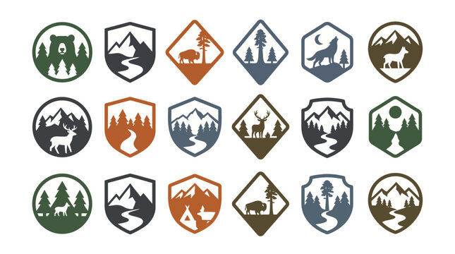A versatile collection of stylized outdoor adventure emblems. Featuring mountains, forests, rivers, and wildlife, perfect for nature-themed logos and branding