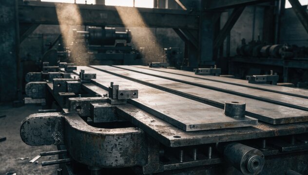 Medium shot of a floormounted plate assembly jig with fixtures securing large steel plates in precise alignment during welding preparation in an industrial workshop setting.