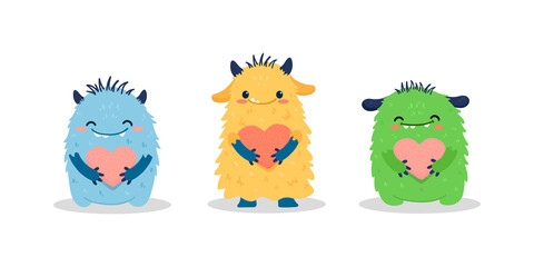 Fototapeta premium set of cute cartoon monsters with heart on white background. Happy Alien. Funny monsters in flat style. 