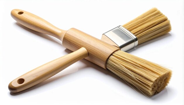 3D bristle pastry brush with wooden handle icon isolated on white back