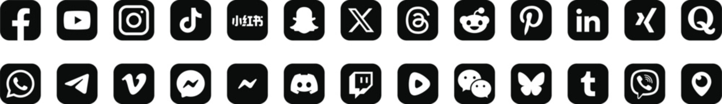social media icon set, logotype black and white facebook, instagram, x linkedin youtube tiktok whatsapp telegram vectro eps10
