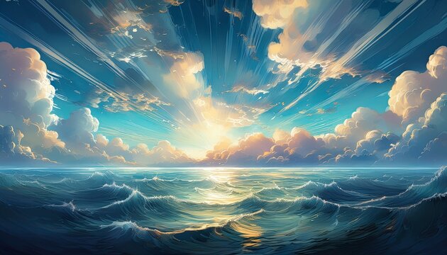 a cloudy sky with a hint of sunlight breaking through over a vast ocean japanese animation background