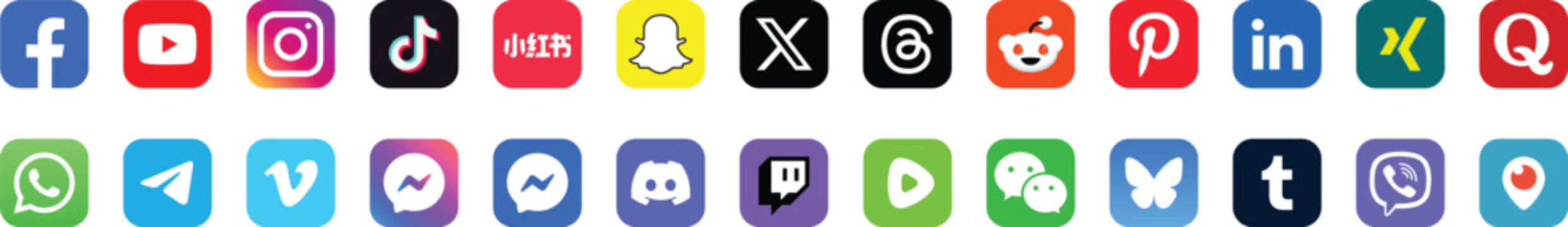 social media icon set, logotype, logo apps facebook, instagram, x linkedin youtube tiktok whatsapp telegram vectro eps10
