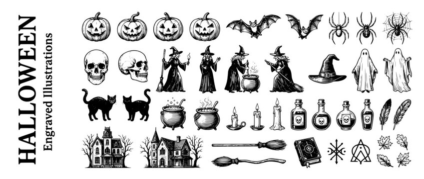 Engraved Halloween illustration set featuring spooky elements and whimsical designs for festive creativity