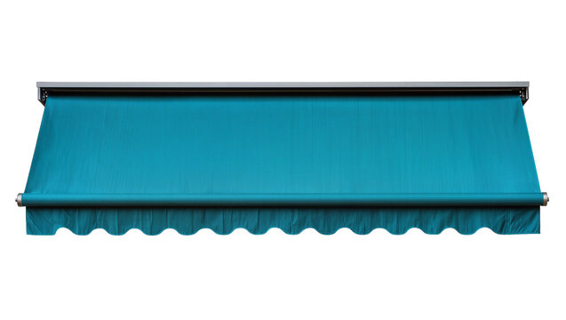 Isolated vibrant teal modern outdoor sunshade awning with decorative scalloped valance