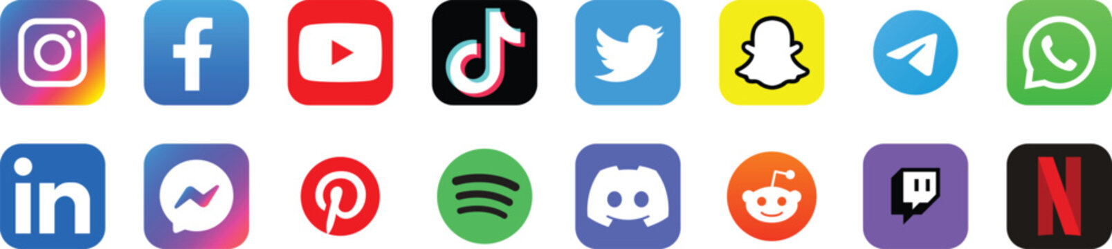 social media icon set, logotype, logo apps facebook, instagram, x linkedin youtube tiktok whatsapp telegram vectro eps10
