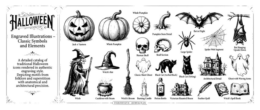Engraved illustrations showcasing classic Halloween symbols and elements in stunning vector format