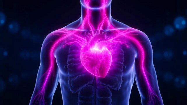 Human anatomy 3 d animation showcasing internal organs with highlighted heart and lung structure in vibrant colors