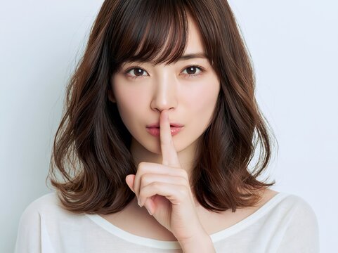秘密厳守のサインをする若い日本人女性の静かな表情