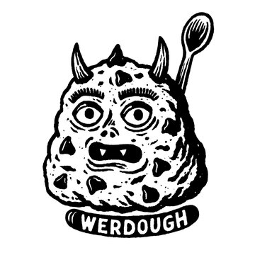 Unique engraved illustration of a whimsical cookie monster character with a spoon