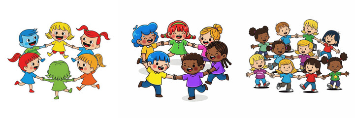 Set and Collection of group of happy children playing isolated on transparent PNG background