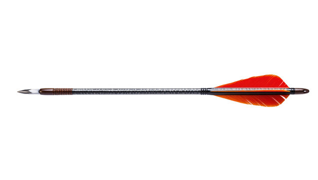 Isolated sleek carbon fiber arrow with a sharp metallic tip and bright orange feather fletchings