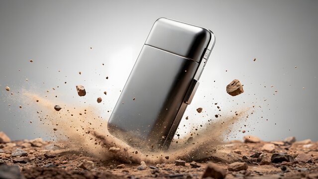 Durable metal object falling and breaking through rocky ground with dirt and debris exploding outwards