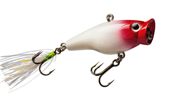 Isolated vibrant red and white popper fishing lure with hooks for freshwater sport fishing