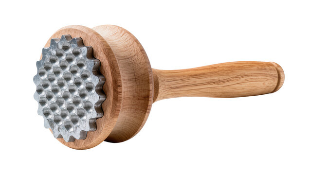 Isolated kitchen meat tenderizer with wooden handle and textured metal pounding surface