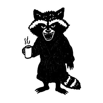 Engraved illustration of a raccoon in a robe enjoying a warm beverage with a mischievous smile