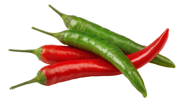 Isolated fresh hot red and green chili peppers with stems ready for cooking ingredient