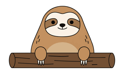 Fototapeta premium Minimalist sloth with a friendly smile peeking over a tree branch, featuring flat bold colors and simple geometric shapes isolated on a white background