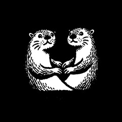 Naklejka premium Engraved illustration featuring two otters holding hands in a playful embrace set against a black backdrop