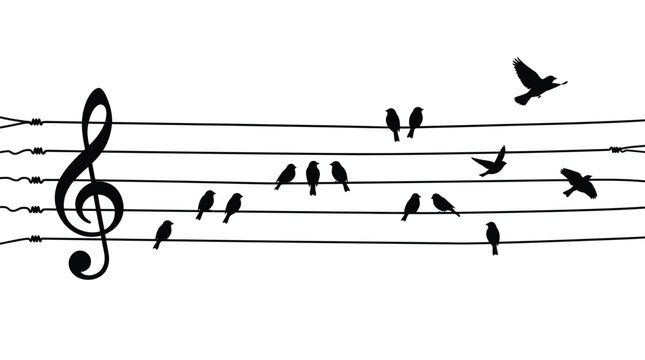 Black silhouette vector illustration of birds sitting on musical staff lines with a treble clef