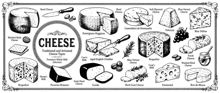 Engraved illustration set showcasing various cheese types in detailed artistic style