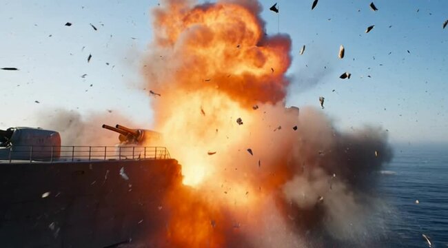 Military warship firing canon at sea naval battle training exercise realistic explosion effects canon firing
